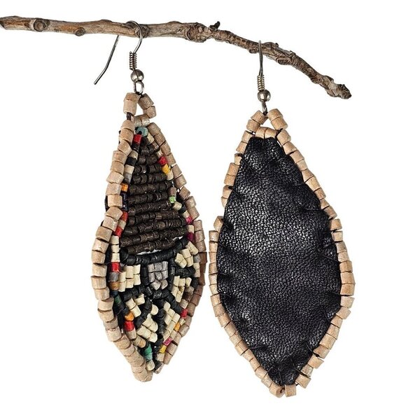 Wood Beaded Dangle Earings Leather Back Handmade Brown Multicolor Silver Tone - Picture 7 of 7